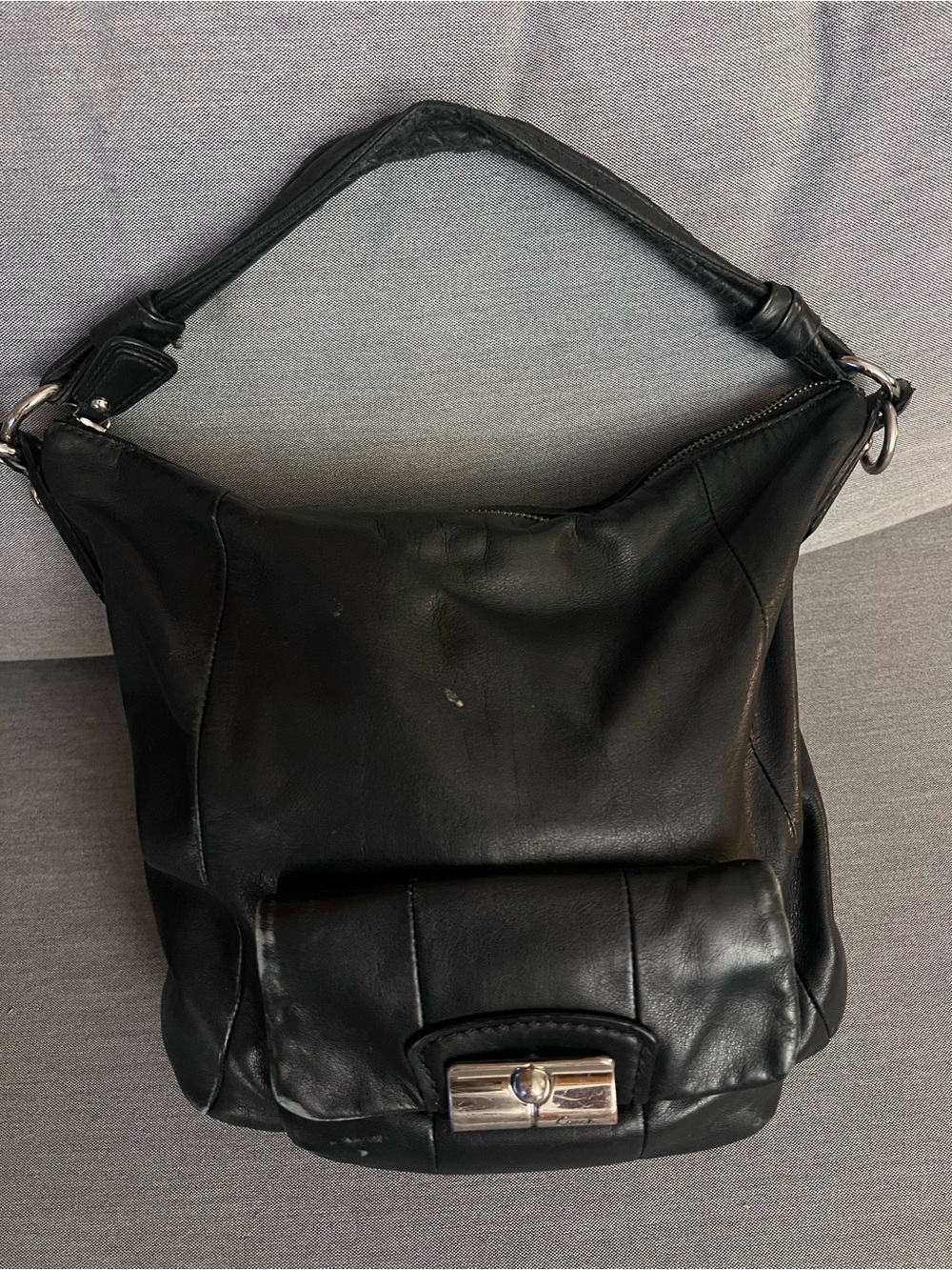 Coach “Kristin” Black Leather Shoulder Bag with Silver-Tone Hardware